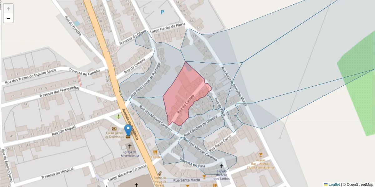 Mapa detalhado do código postal 7460-128 com limites, códigos postais vizinhos e agências dos correios