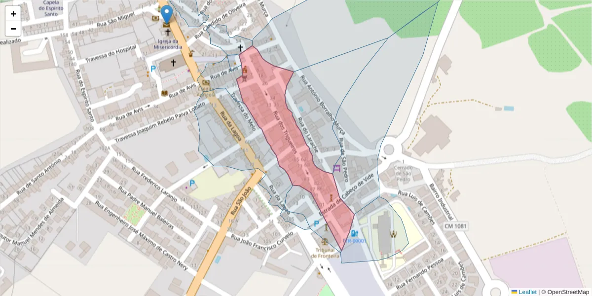 Mapa detalhado do código postal 7460-136 com limites, códigos postais vizinhos e agências dos correios