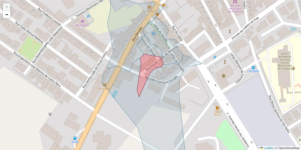 Mapa detalhado do código postal 7460-138 com limites, códigos postais vizinhos e agências dos correios