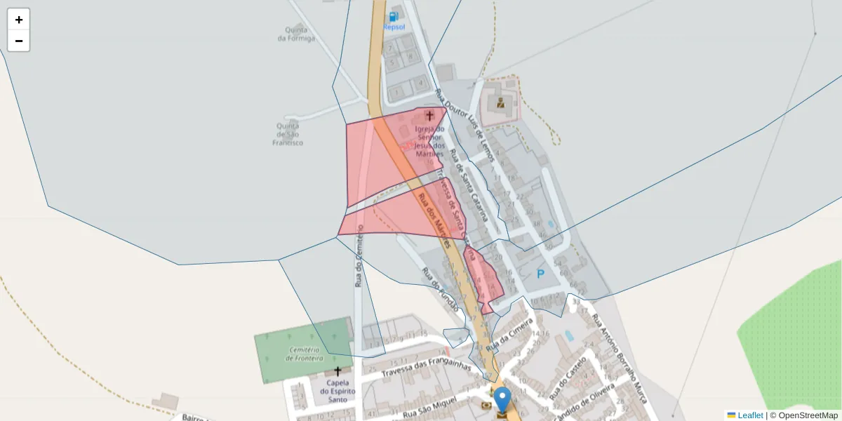 Mapa detalhado do código postal 7460-151 com limites, códigos postais vizinhos e agências dos correios