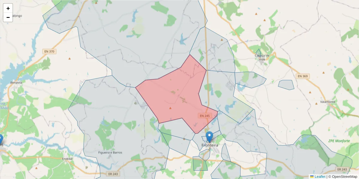 Mapa detalhado do código postal 7460-160 com limites, códigos postais vizinhos e agências dos correios