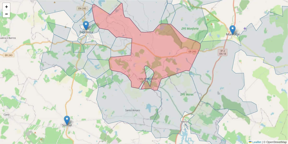 Mapa detalhado do código postal 7460-200 com limites, códigos postais vizinhos e agências dos correios