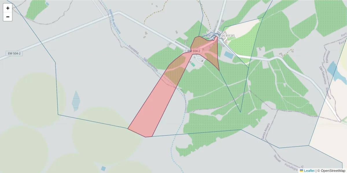 Mapa detalhado do código postal 7460-205 com limites, códigos postais vizinhos e agências dos correios