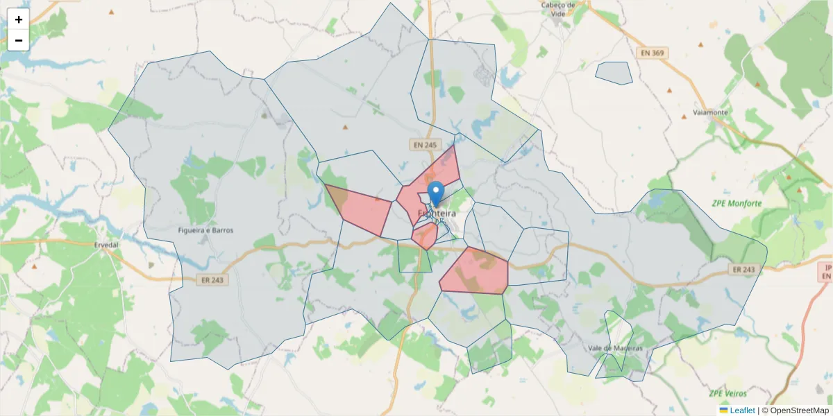 Mapa detalhado do código postal 7460-209 com limites, códigos postais vizinhos e agências dos correios