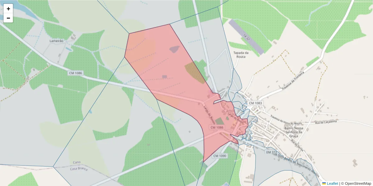 Mapa detalhado do código postal 7470-022 com limites, códigos postais vizinhos e agências dos correios