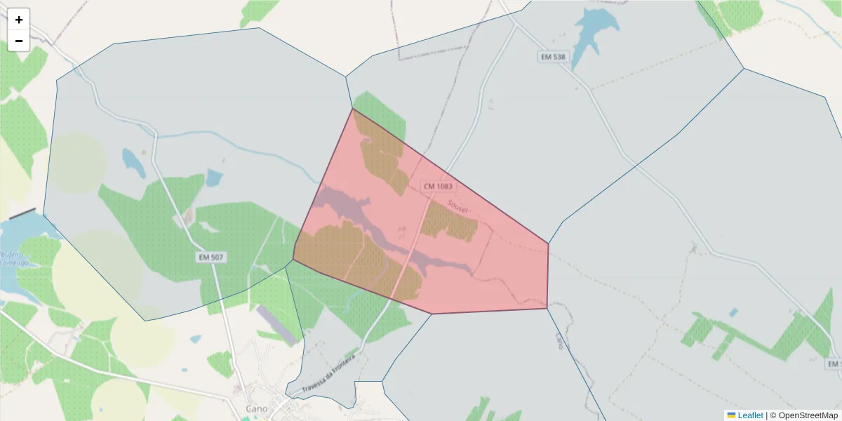 Mapa detalhado do código postal 7470-064 com limites, códigos postais vizinhos e agências dos correios