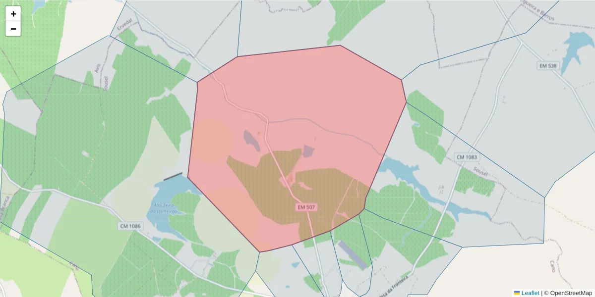 Mapa detalhado do código postal 7470-067 com limites, códigos postais vizinhos e agências dos correios