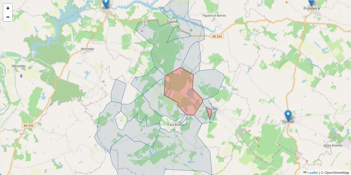 Mapa detalhado do código postal 7470-070 com limites, códigos postais vizinhos e agências dos correios