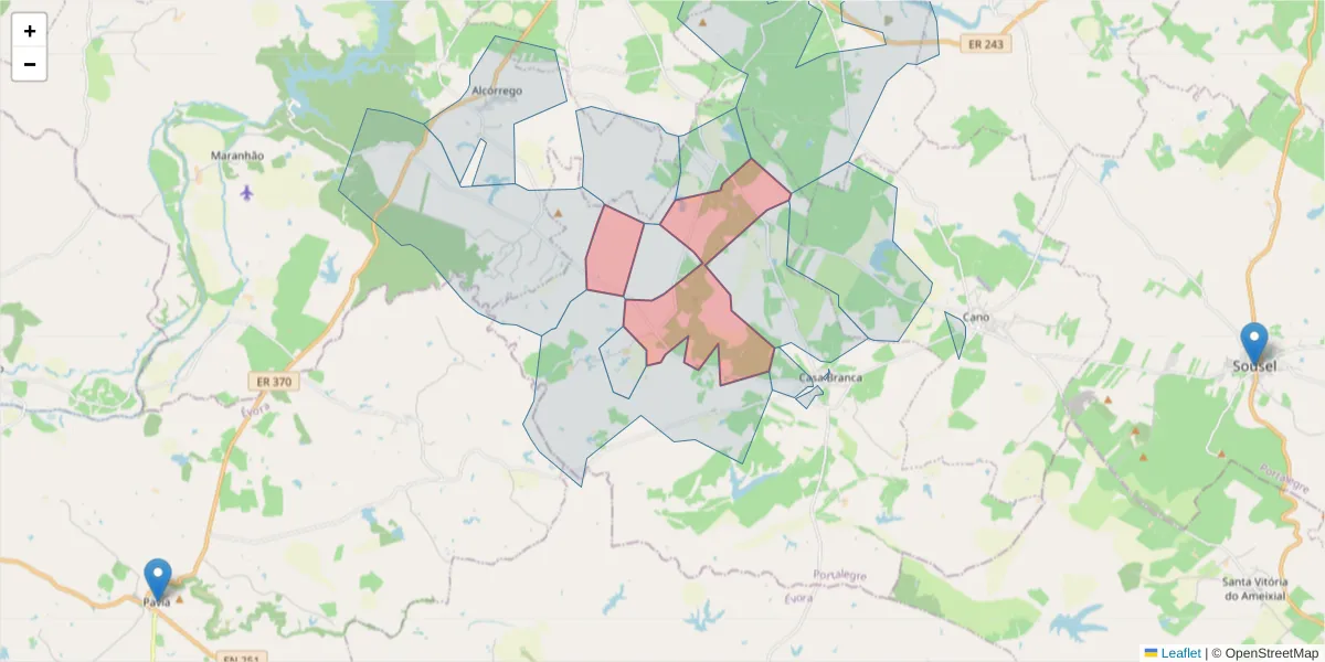 Mapa detalhado do código postal 7470-101 com limites, códigos postais vizinhos e agências dos correios