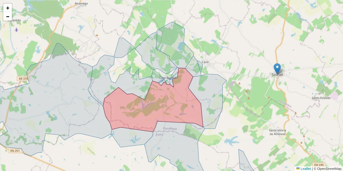 Mapa detalhado do código postal 7470-111 com limites, códigos postais vizinhos e agências dos correios