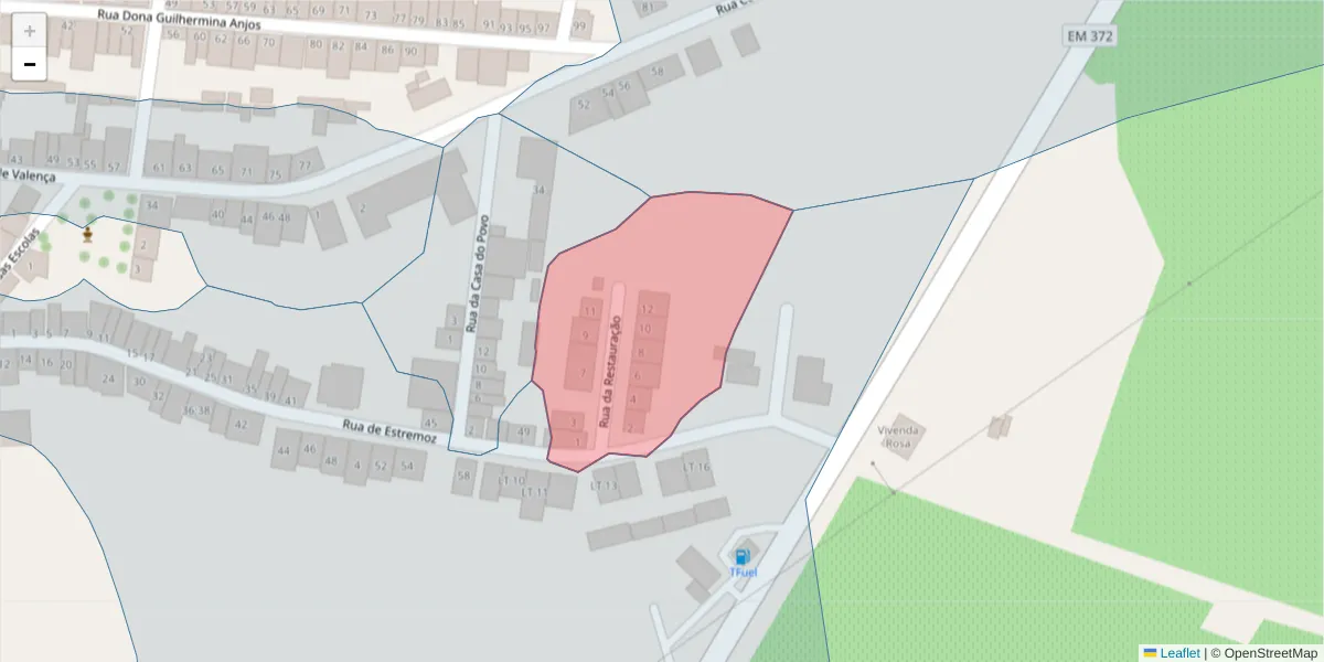 Mapa detalhado do código postal 7470-124 com limites, códigos postais vizinhos e agências dos correios