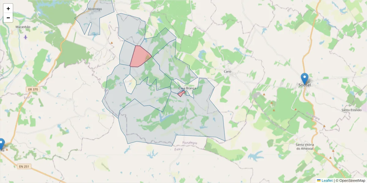 Mapa detalhado do código postal 7470-126 com limites, códigos postais vizinhos e agências dos correios