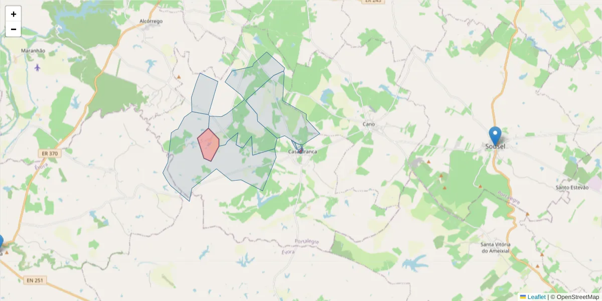 Mapa detalhado do código postal 7470-133 com limites, códigos postais vizinhos e agências dos correios