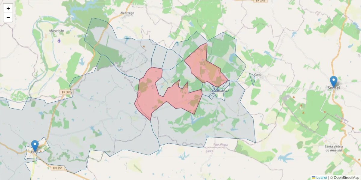 Mapa detalhado do código postal 7470-151 com limites, códigos postais vizinhos e agências dos correios