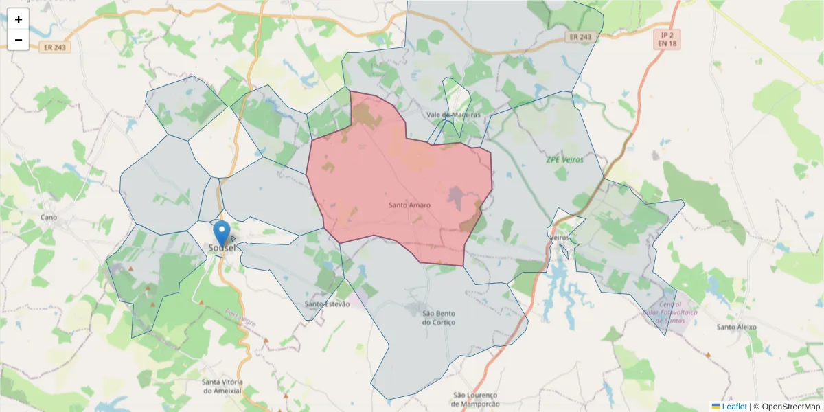 Mapa detalhado do código postal 7470-155 com limites, códigos postais vizinhos e agências dos correios