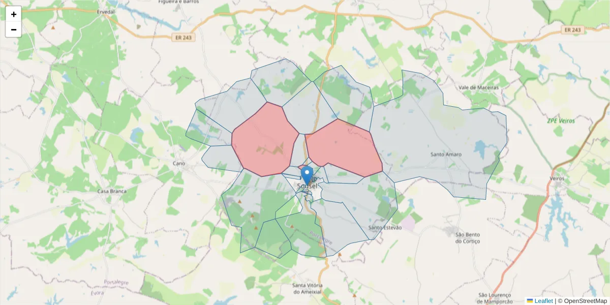 Mapa detalhado do código postal 7470-182 com limites, códigos postais vizinhos e agências dos correios