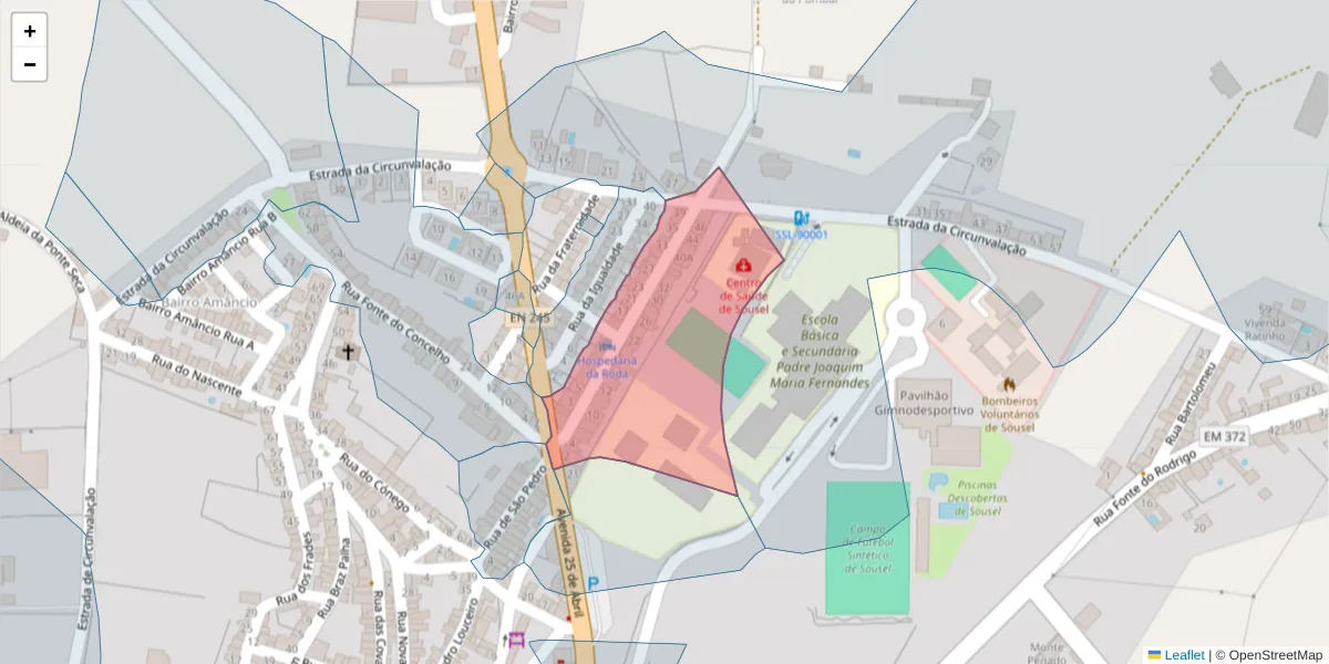 Mapa detalhado do código postal 7470-201 com limites, códigos postais vizinhos e agências dos correios