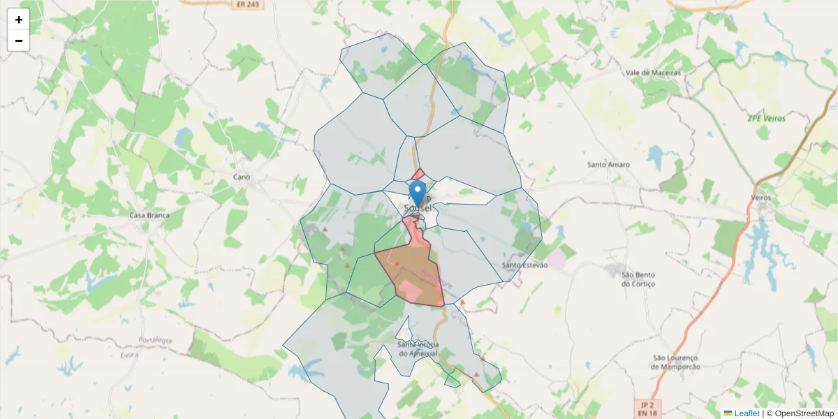 Mapa detalhado do código postal 7470-224 com limites, códigos postais vizinhos e agências dos correios