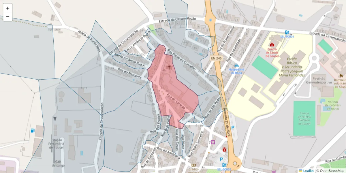 Mapa detalhado do código postal 7470-246 com limites, códigos postais vizinhos e agências dos correios