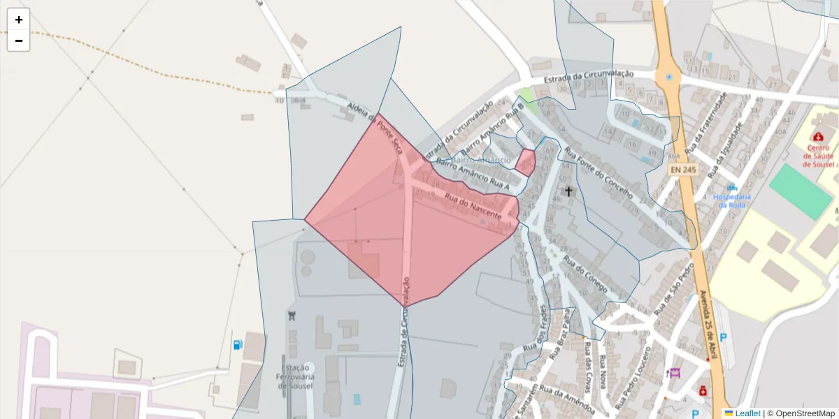 Mapa detalhado do código postal 7470-247 com limites, códigos postais vizinhos e agências dos correios