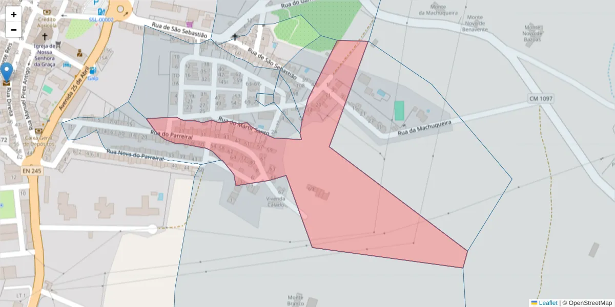 Mapa detalhado do código postal 7470-248 com limites, códigos postais vizinhos e agências dos correios