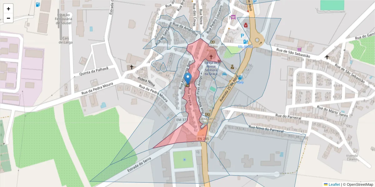 Mapa detalhado do código postal 7470-266 com limites, códigos postais vizinhos e agências dos correios
