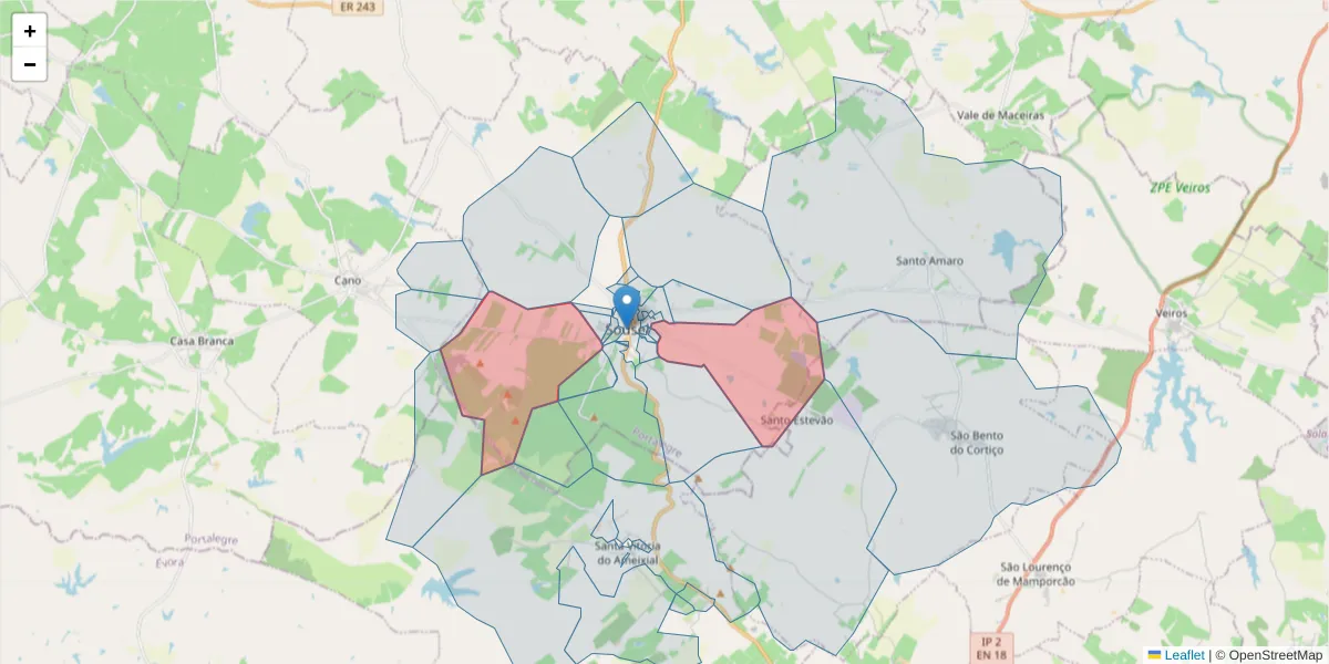Mapa detalhado do código postal 7470-271 com limites, códigos postais vizinhos e agências dos correios