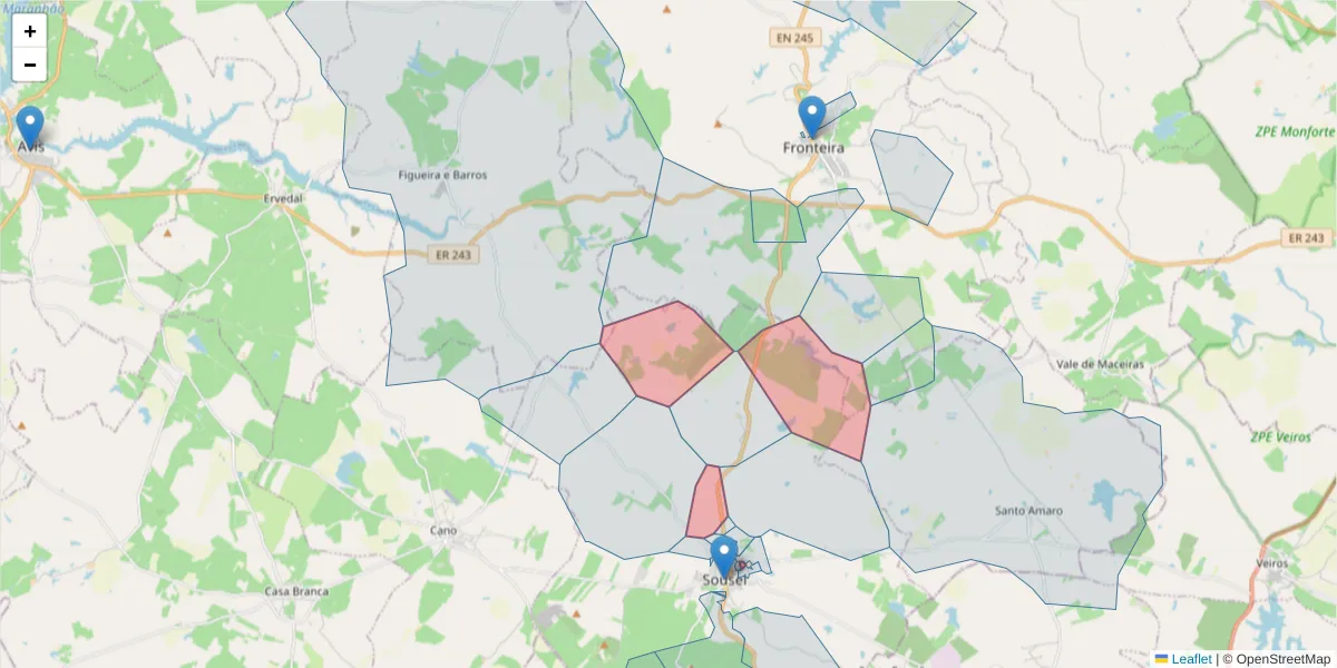 Mapa detalhado do código postal 7470-277 com limites, códigos postais vizinhos e agências dos correios