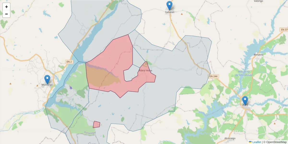 Mapa detalhado do código postal 7480-051 com limites, códigos postais vizinhos e agências dos correios