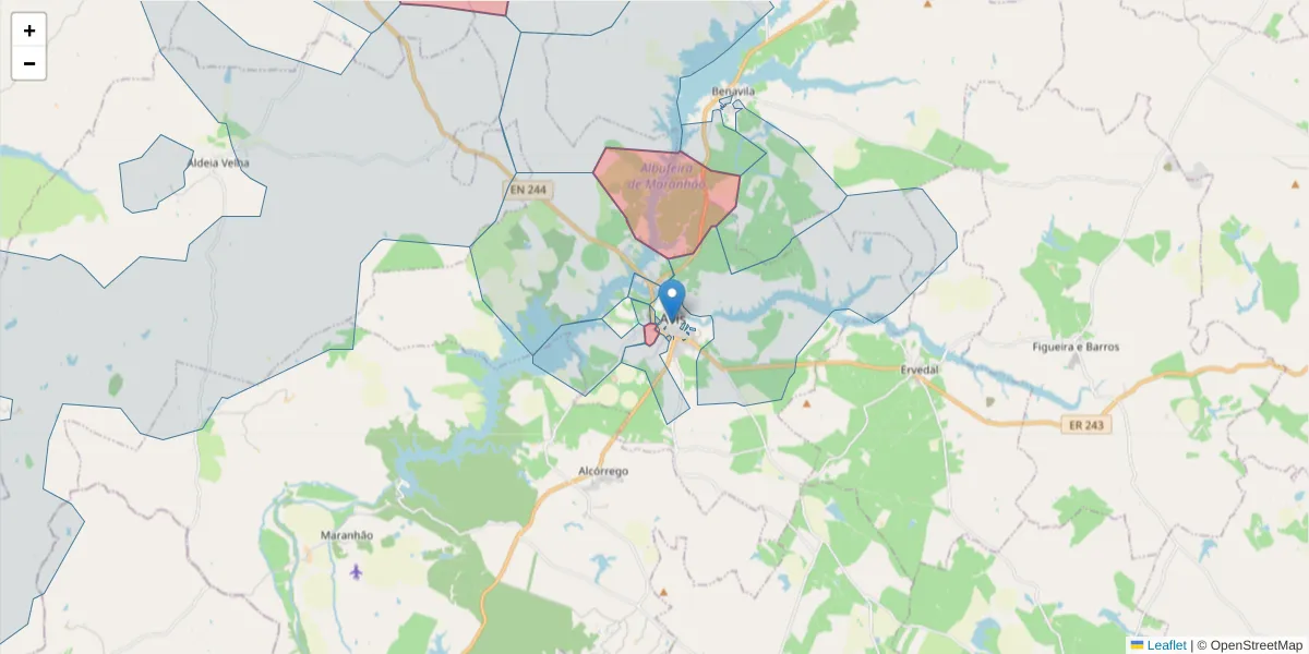 Mapa detalhado do código postal 7480-107 com limites, códigos postais vizinhos e agências dos correios