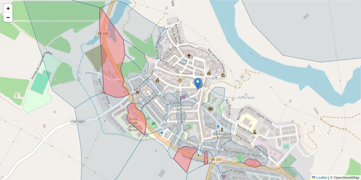 Mapa detalhado do código postal 7480-115 com limites, códigos postais vizinhos e agências dos correios