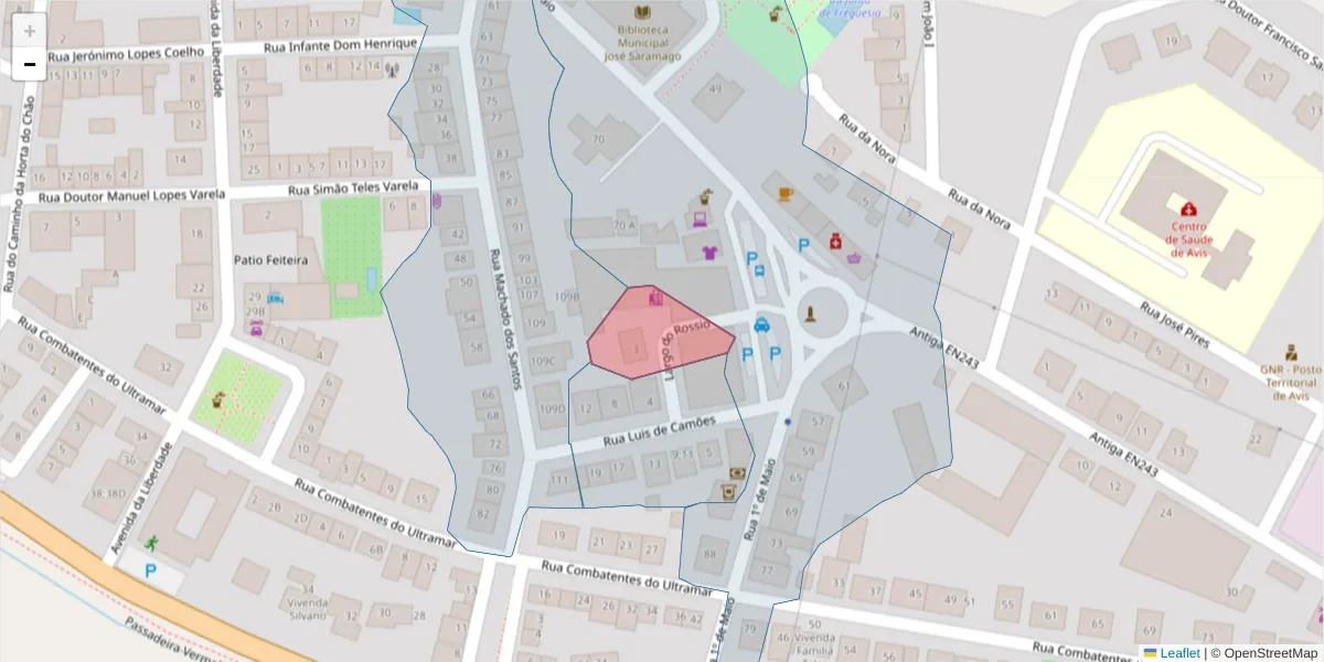 Mapa detalhado do código postal 7480-117 com limites, códigos postais vizinhos e agências dos correios