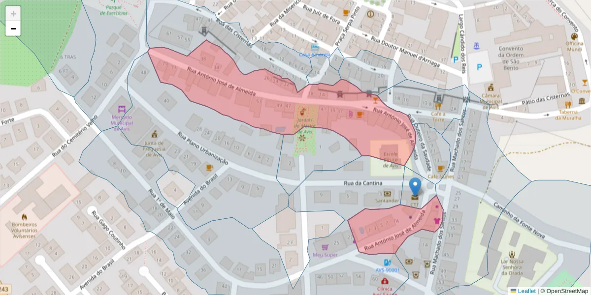 Mapa detalhado do código postal 7480-123 com limites, códigos postais vizinhos e agências dos correios