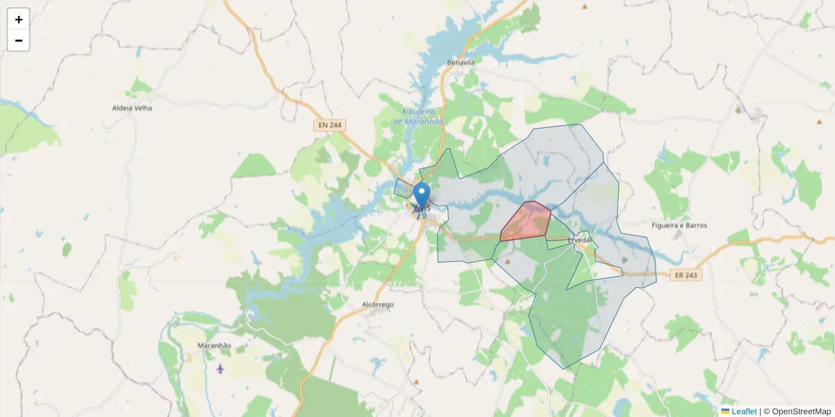 Mapa detalhado do código postal 7480-150 com limites, códigos postais vizinhos e agências dos correios