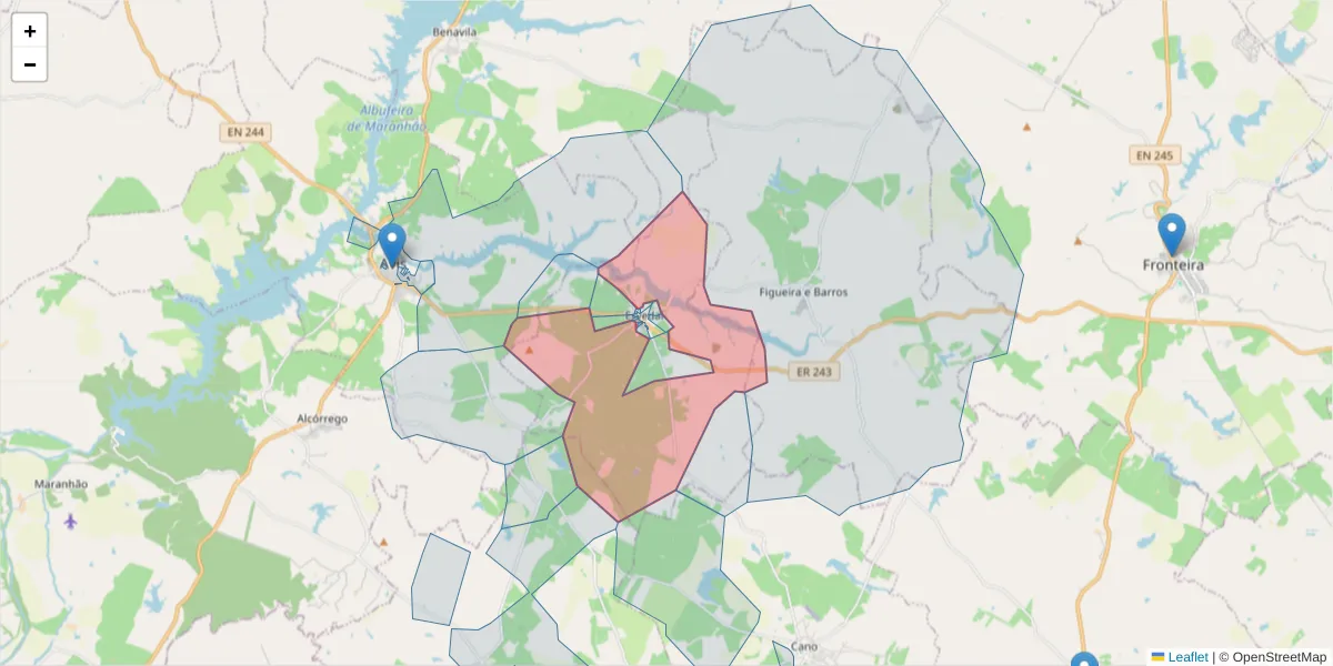 Mapa detalhado do código postal 7480-320 com limites, códigos postais vizinhos e agências dos correios