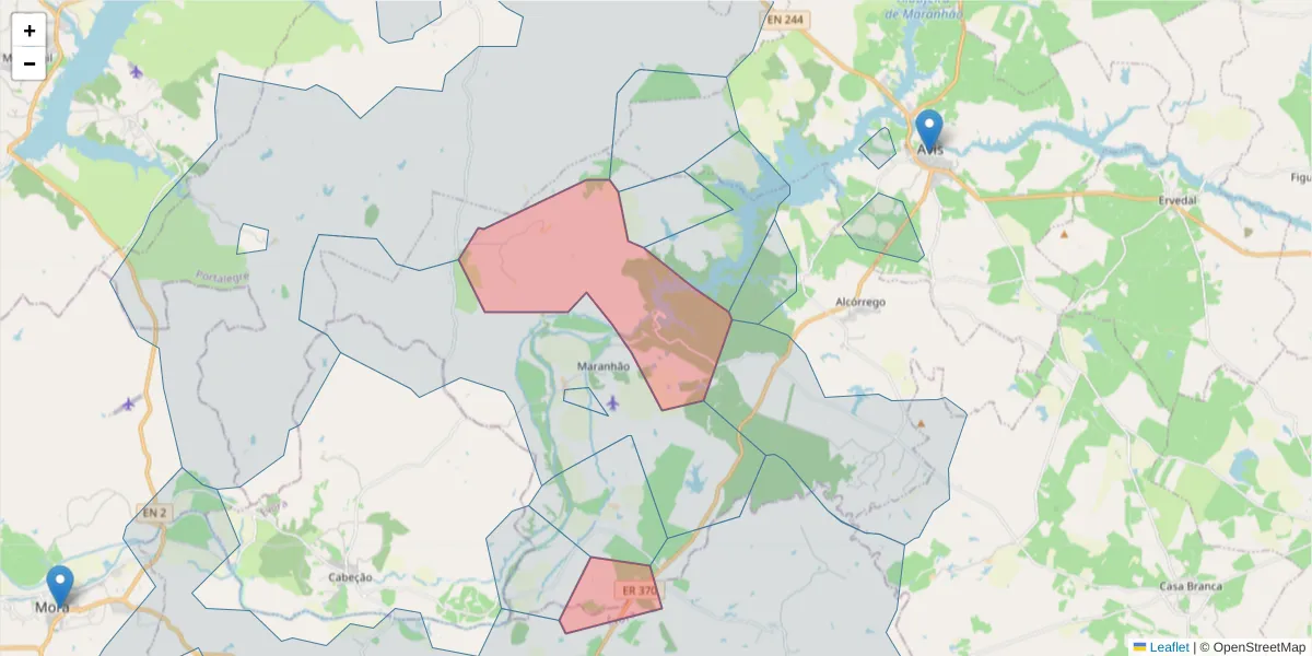 Mapa detalhado do código postal 7480-371 com limites, códigos postais vizinhos e agências dos correios