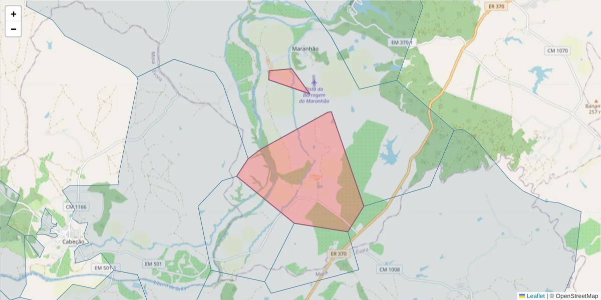 Mapa detalhado do código postal 7480-372 com limites, códigos postais vizinhos e agências dos correios
