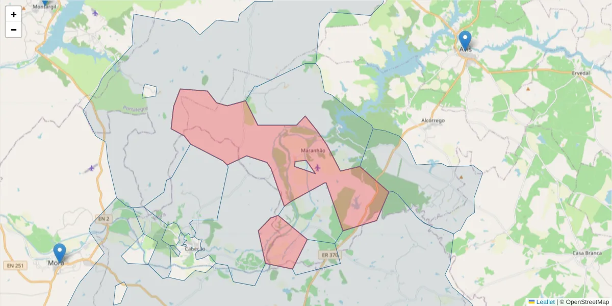 Mapa detalhado do código postal 7480-373 com limites, códigos postais vizinhos e agências dos correios