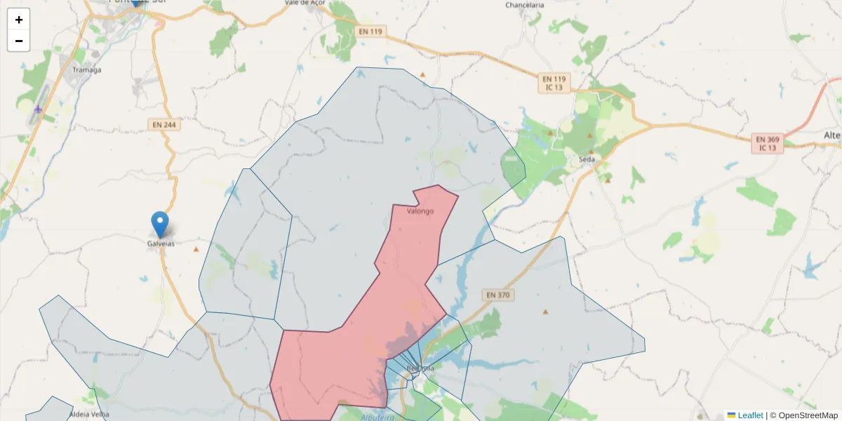 Mapa detalhado do código postal 7480-392 com limites, códigos postais vizinhos e agências dos correios