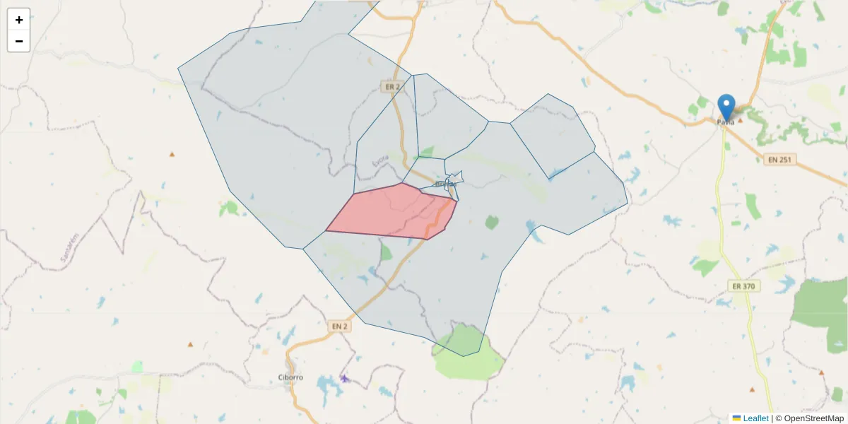 Mapa detalhado do código postal 7490-033 com limites, códigos postais vizinhos e agências dos correios