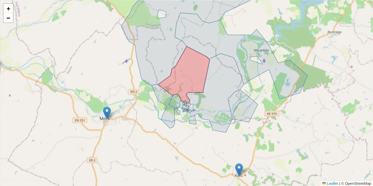 Mapa detalhado do código postal 7490-051 com limites, códigos postais vizinhos e agências dos correios