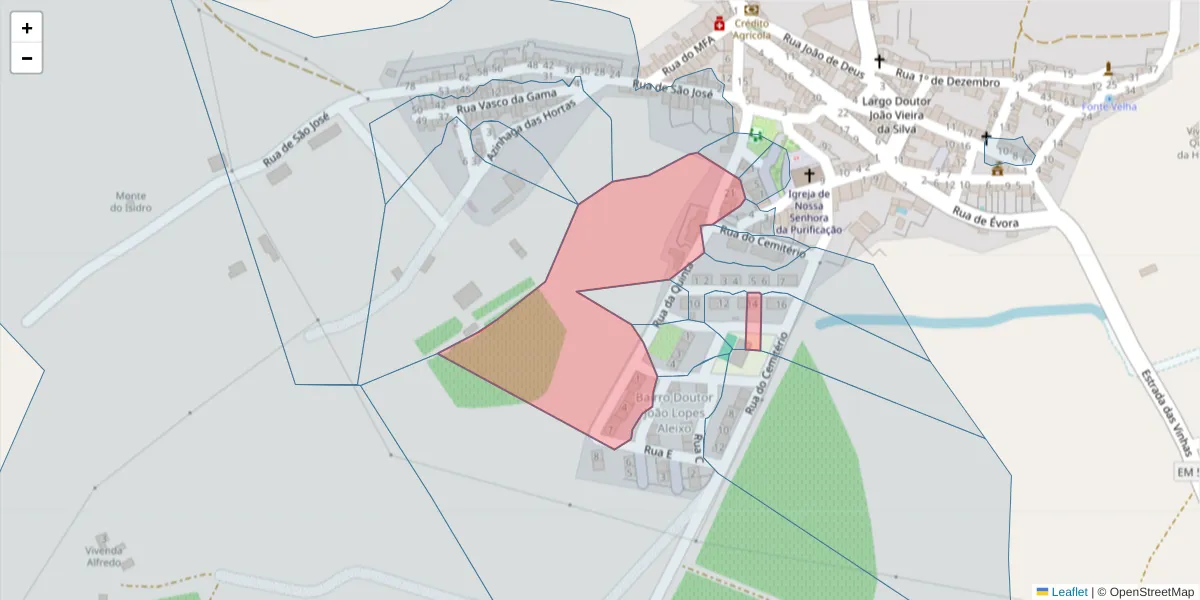Mapa detalhado do código postal 7490-054 com limites, códigos postais vizinhos e agências dos correios