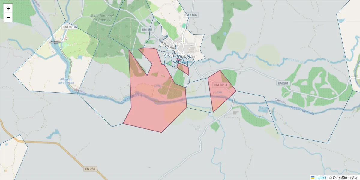 Mapa detalhado do código postal 7490-055 com limites, códigos postais vizinhos e agências dos correios