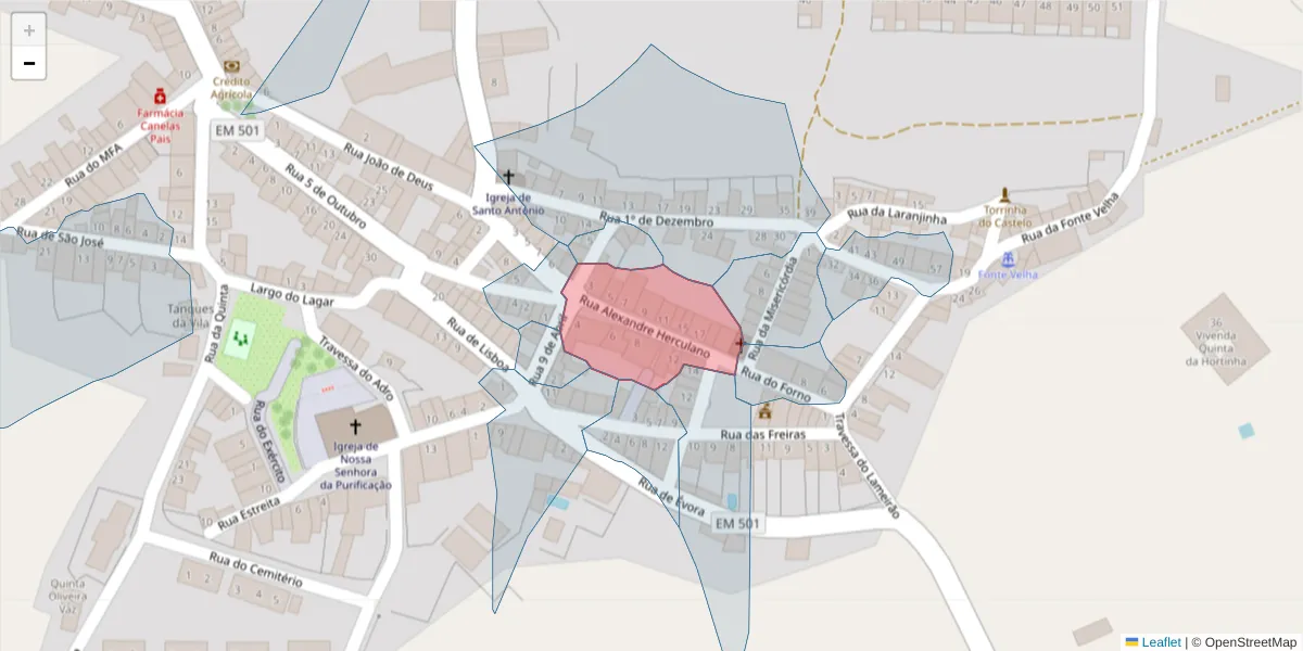 Mapa detalhado do código postal 7490-067 com limites, códigos postais vizinhos e agências dos correios
