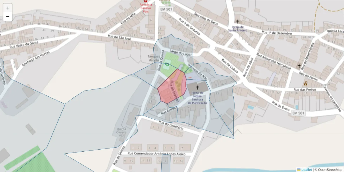 Mapa detalhado do código postal 7490-089 com limites, códigos postais vizinhos e agências dos correios
