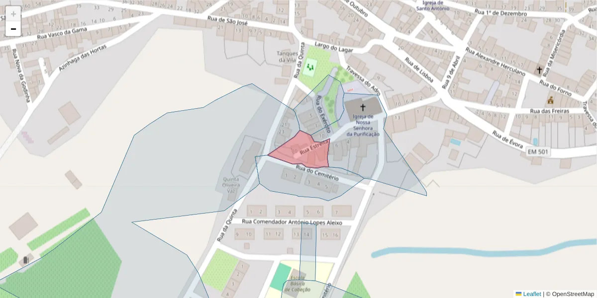Mapa detalhado do código postal 7490-096 com limites, códigos postais vizinhos e agências dos correios