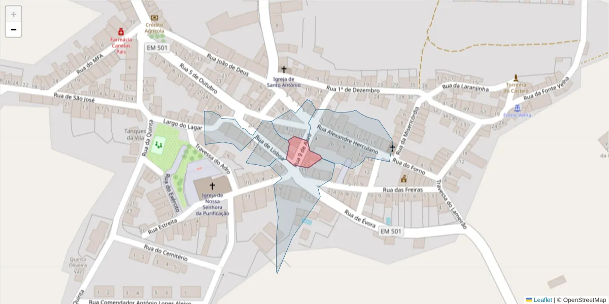 Mapa detalhado do código postal 7490-101 com limites, códigos postais vizinhos e agências dos correios