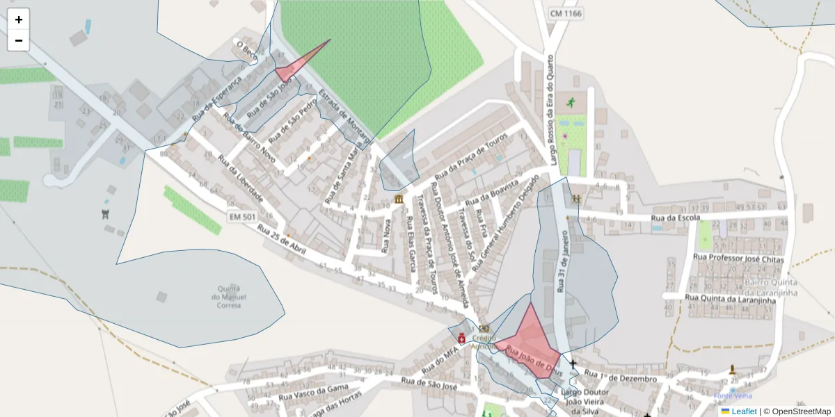 Mapa detalhado do código postal 7490-104 com limites, códigos postais vizinhos e agências dos correios