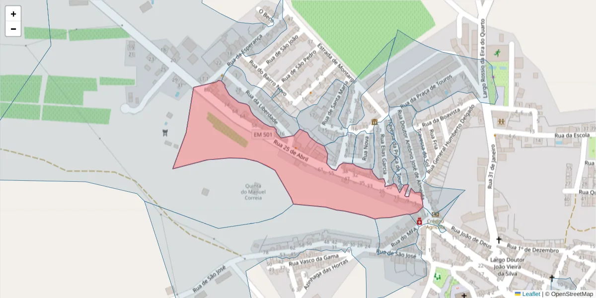 Mapa detalhado do código postal 7490-107 com limites, códigos postais vizinhos e agências dos correios