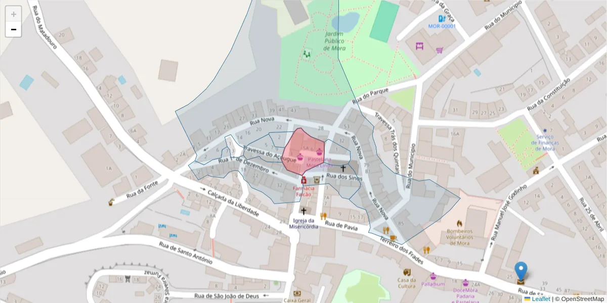 Mapa detalhado do código postal 7490-221 com limites, códigos postais vizinhos e agências dos correios